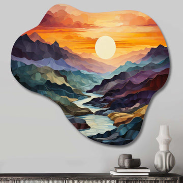 Orange Teal Mountains Bold Landscape - Asymmetric Metal Wall Art